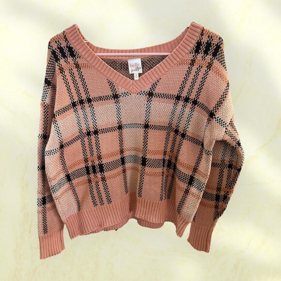 Belle Du Jour Pink Plaid Checkered V Neck Sweater Women’s Small Cozy Fall Knit - Picture 1 of 3